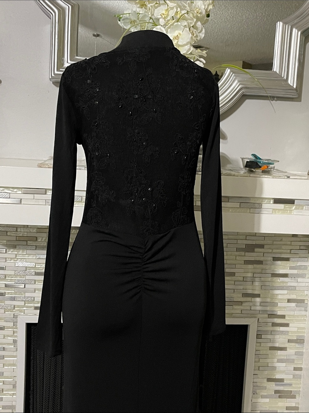 Elegant Black Long-Sleeve V Neck whimsigoth high low Maxi Dress M
